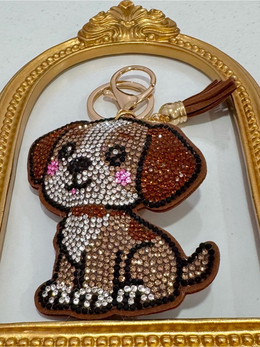 New Crystal Puppy Keychain Charm in Brown with Pink Accents